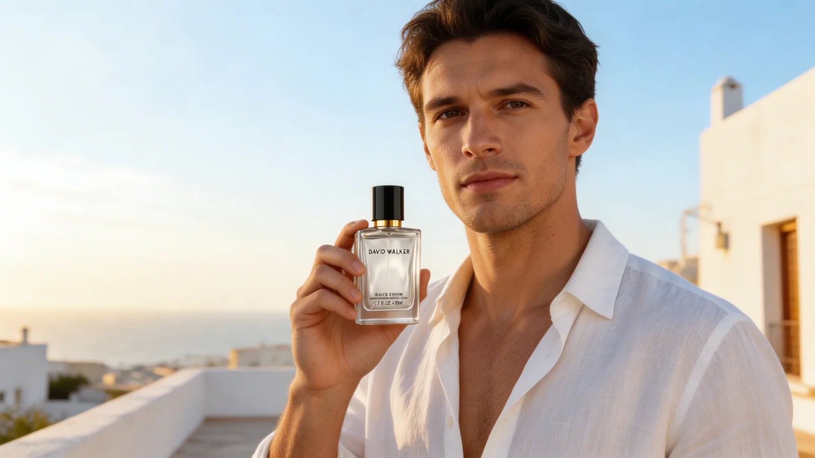 Editorial summer fragrance portrait of a man outdoors in warm sunlight.